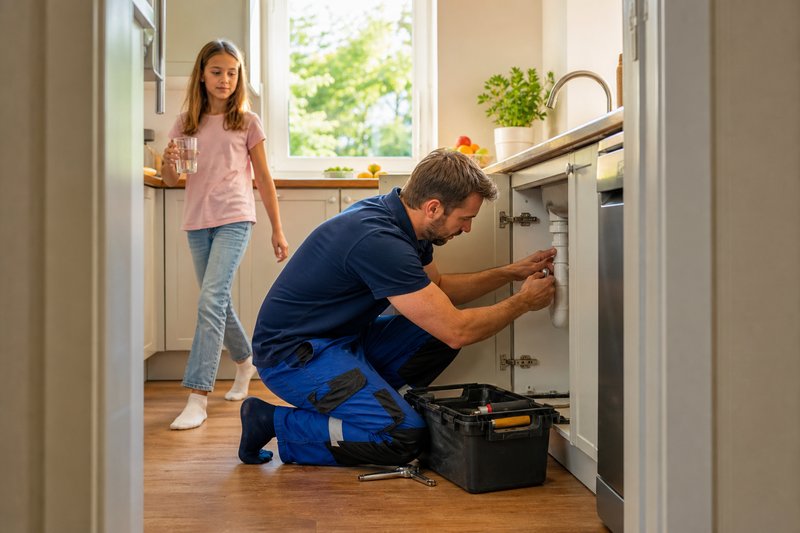 Handwerker arbeitet unter der Spüle, ein Kind geht mit einem Glas Wasser vorbei