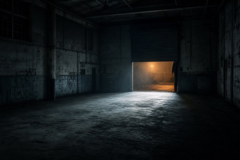 Leere Industriehalle bei Nacht, am halb geöffneten Rolltor wartet eine angeschnittene Gestalt im Lichtkegel