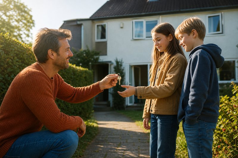 Vater kniet im Vorgarten eines Reihenhauses und gibt seiner Tochter einen Hausschlüssel, ihr jüngerer Bruder steht daneben