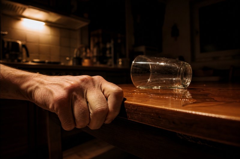 Hand umklammert die Kante eines Holztisches, daneben ein umgekipptes Glas, dunkle Küche bei Nacht