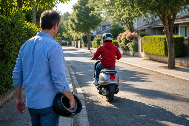 Junger Mann fährt auf einem silbernen Motorroller eine Wohnstraße hinunter, ein Mann am Straßenrand sieht ihm mit einem zweiten Helm in der Hand nach