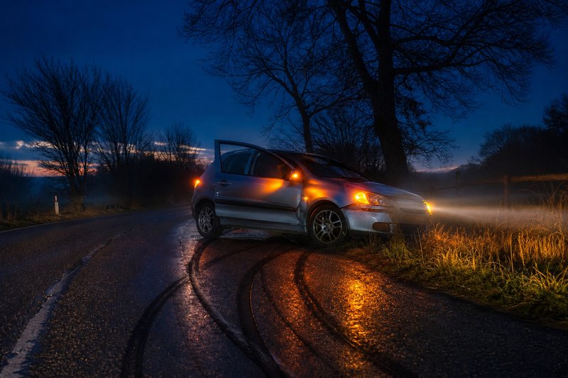 Auto mit blinkender Warnblinkanlage und offener Fahrertür steht nachts quer am Straßenrand