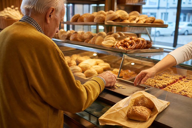 Älterer Mann in senffarbener Strickjacke legt an der Bäckereitheke Münzen auf die Münzschale, daneben eine Tüte mit Brötchen