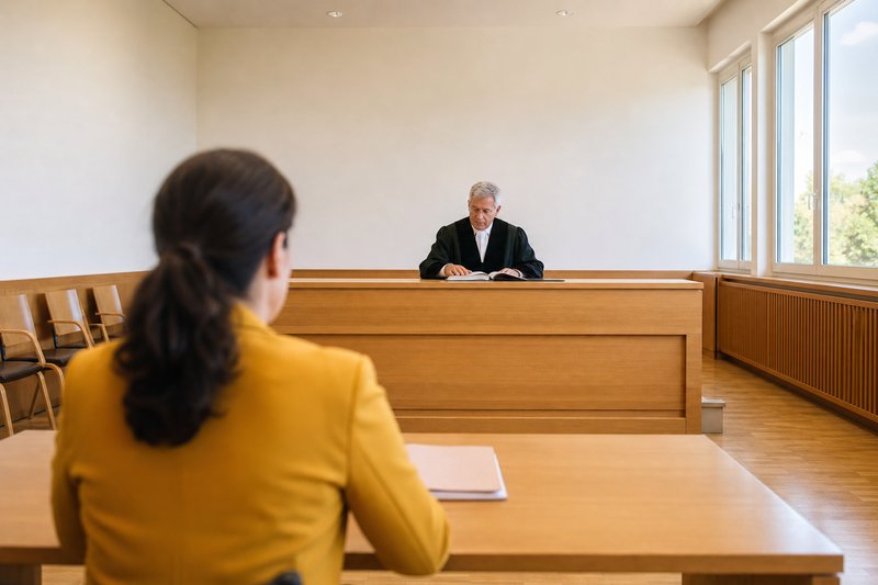 Gütetermin am Arbeitsgericht, Klägerin im gelben Blazer von hinten, Richter in Robe an der Richterbank blickt in die Akte