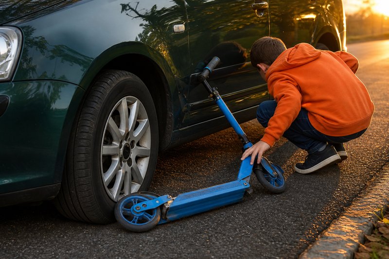 Umgekippter Tretroller am Vorderrad eines dunkelgrünen Autos, ein Junge hockt daneben und sieht sich die Tür an