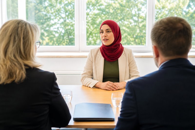 Bewerbungsgespräch an einem hellen Besprechungstisch, eine junge Frau mit rotem Kopftuch sitzt zwei Personen gegenüber und spricht