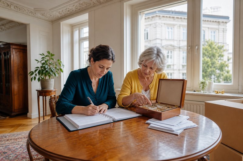 Zwei Frauen an einem runden Tisch in einer Altbauwohnung nehmen ein Verzeichnis auf, daneben ein geöffneter Schmuckkasten und ein Stapel Kontoauszüge