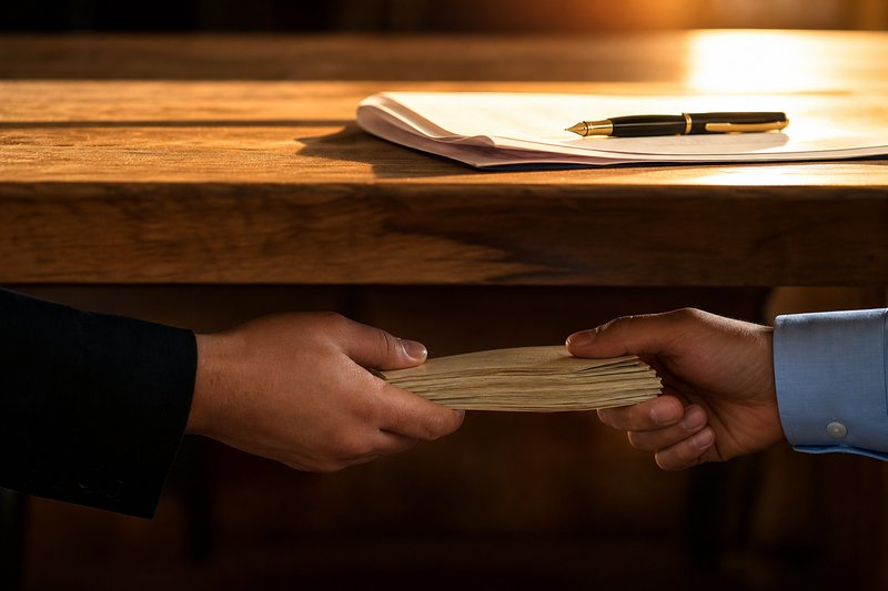 Bündel Geldscheine wandert unter einem Tisch von einer Hand in die andere, oben liegt ein Vertrag
