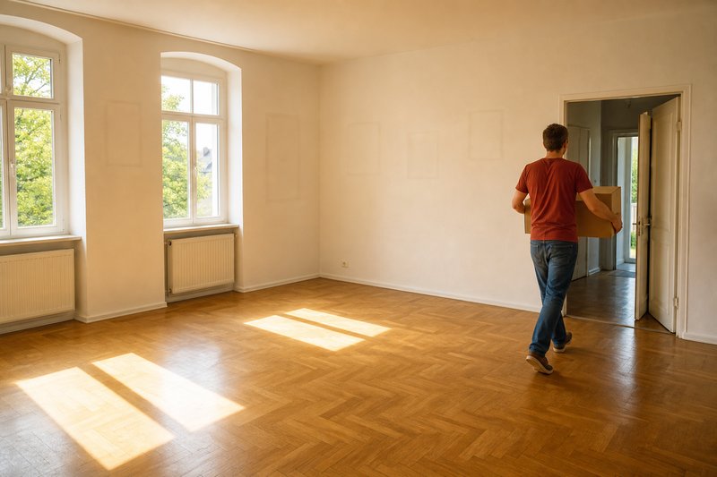 Mann trägt den letzten Umzugskarton aus einer leergeräumten Altbauwohnung