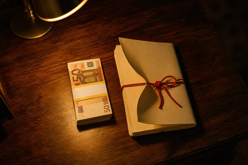 Ein Bündel Fünfzig-Euro-Scheine liegt im Lampenlicht neben einer mit roter Kordel verschnürten Urkunde