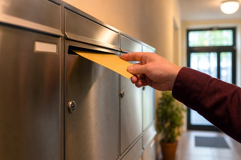 Eine Hand schiebt einen gelben Umschlag in einen Briefkasten einer Briefkastenanlage im Hausflur