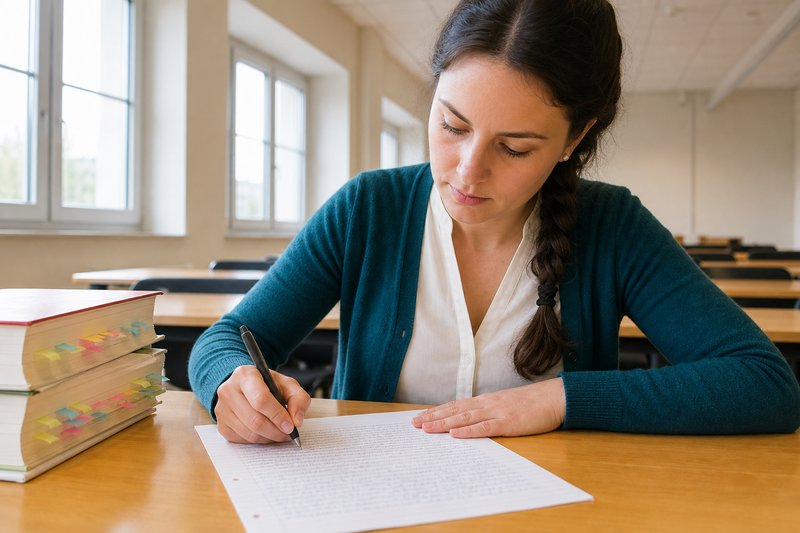Eine Referendarin schreibt an einem Klausurtisch mit der Hand auf liniertem Papier, daneben zwei Gesetzestexte mit Fähnchen