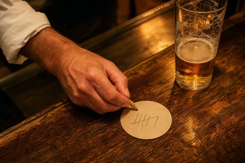 Hand eines Kellners zeichnet mit einem Bleistift einen weiteren Strich auf einen Bierdeckel mit Strichliste, daneben ein Bierglas