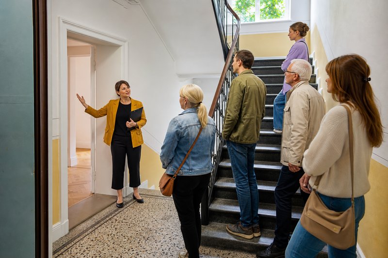 Maklerin mit Klemmbrett steht in einer offenen Wohnungstür und spricht zu mehreren wartenden Interessenten im Treppenhaus