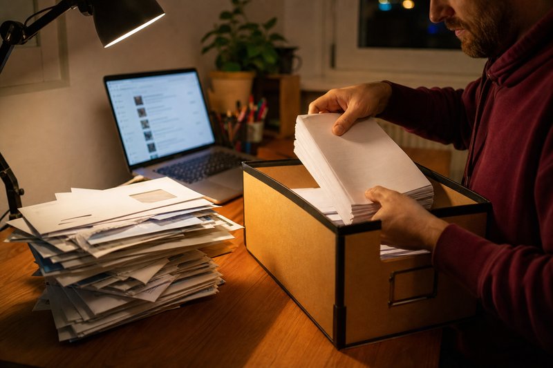Mann sortiert abends am Schreibtisch einen Stapel gleichförmiger Bewerbungsschreiben in eine Archivbox, daneben ein Stapel geöffneter Umschläge