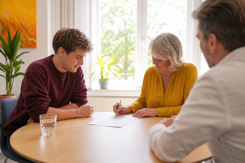 Junger Mann und ältere Frau sitzen an einem runden Tisch am Fenster, die Frau unterschreibt ein Blatt Papier, eine dritte Person sitzt am Rand