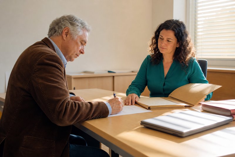 Älterer Mann unterschreibt am Tisch eines Amtszimmers ein Blatt, eine Rechtspflegerin sitzt ihm gegenüber