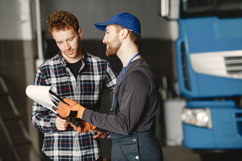 Werkstattmitarbeiter mit Kappe und Arbeitshandschuhen erklärt einem Kunden etwas anhand von Unterlagen, im Hintergrund ein Lkw
