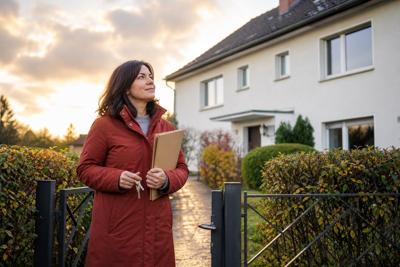 Frau im roten Mantel steht mit Schlüsselbund und Aktenmappe am Gartentor vor einem Einfamilienhaus