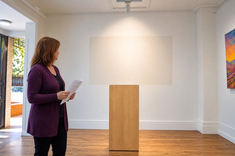 Frau mit Vertrag in der Hand steht vor einem leeren Sockel und einer leeren Wandfläche in einer Galerie