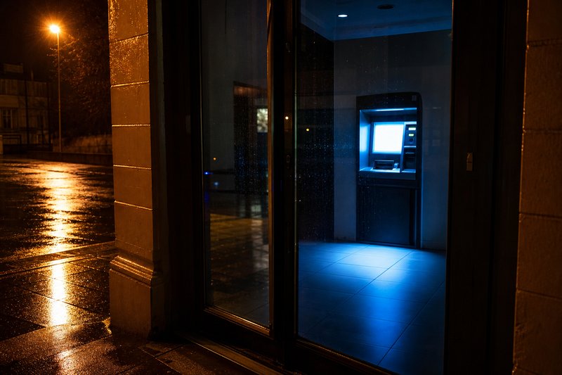Beleuchteter Geldautomat in einem leeren Foyer, gesehen durch die Glastür einer Bankfiliale bei Nacht auf nasser Straße