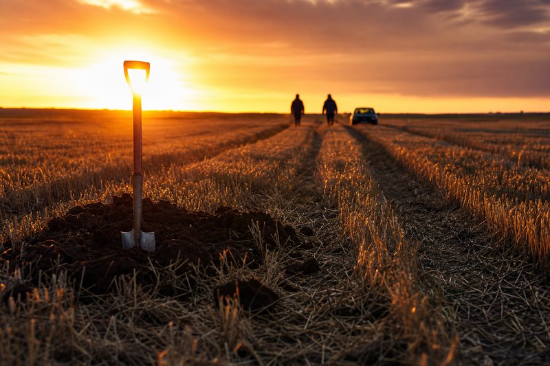 Spaten steckt in aufgeworfener Erde auf einem abgeernteten Feld, im Gegenlicht der untergehenden Sonne zwei entfernte Gestalten