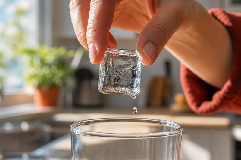 Zwei Finger halten einen klaren Eiswürfel über ein leeres Trinkglas, ein Tropfen Schmelzwasser fällt herab