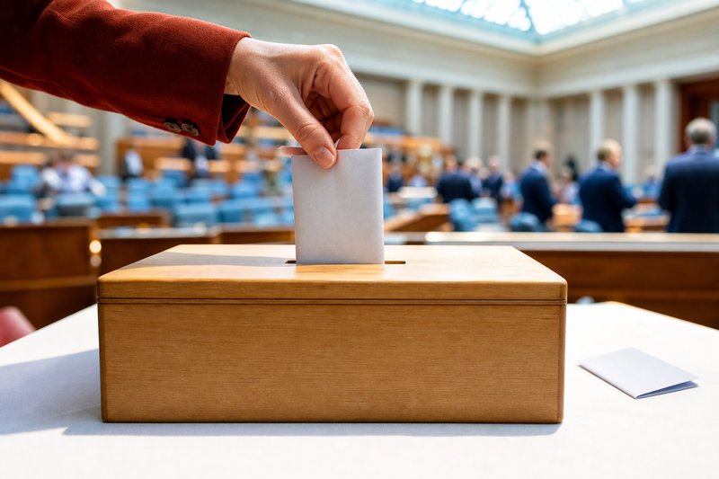 Nahaufnahme: Eine Hand steckt einen gefalteten Stimmzettel in den Schlitz einer hölzernen Wahlurne, im Hintergrund unscharf die Sitzreihen