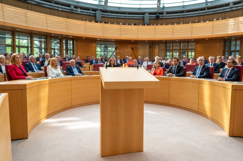 Leeres Rednerpult mit zwei Mikrofonen in einem Plenarsaal, die Sitzreihen sind besetzt, niemand spricht