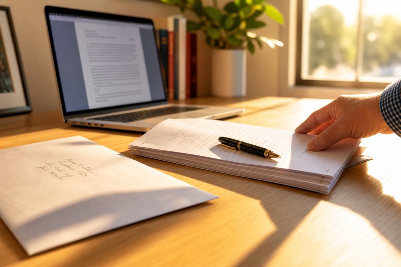 Unterschriebener Schriftsatz mit Füller neben einem beschrifteten Briefumschlag und einem aufgeklappten Laptop