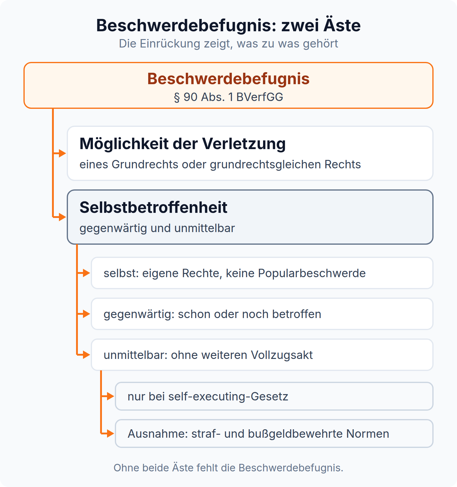 Baum der Beschwerdebefugnis nach § 90 Abs. 1 BVerfGG mit den zwei Ästen Verletzungsmöglichkeit und Selbstbetroffenheit sowie den Merkmalen selbst, gegenwärtig und unmittelbar