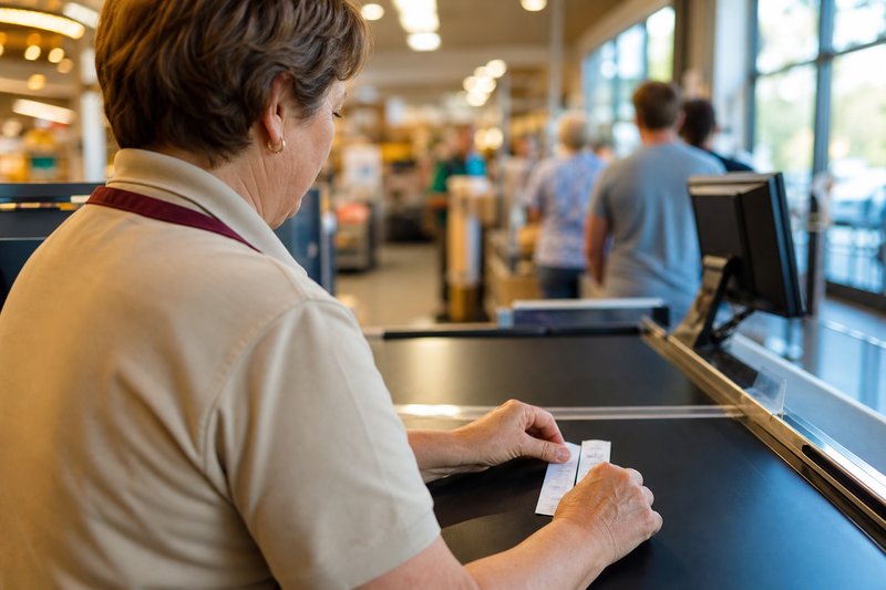 Kassiererin an der Supermarktkasse hält zwei schmale Bonstreifen über dem Warenband, von hinten aufgenommen
