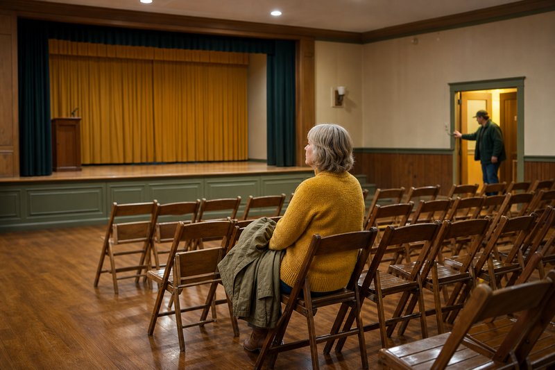 Ein einzelner Gast sitzt nach dem Ende der Veranstaltung im leeren Saal, ein Hausmeister steht am Lichtschalter in der Tür.