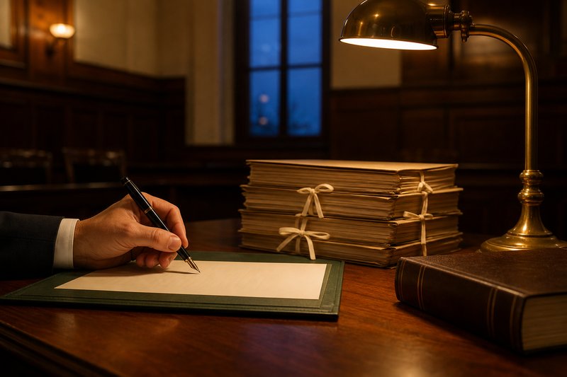 Hand mit Füllfederhalter über einer geöffneten Unterschriftsmappe, daneben ein Stapel verschnürter Akten und eine Messinglampe