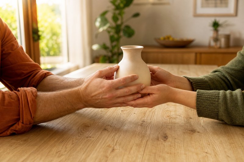 Zwei Hände reichen eine schlichte cremefarbene Keramikvase über einen Holztisch im Tageslicht