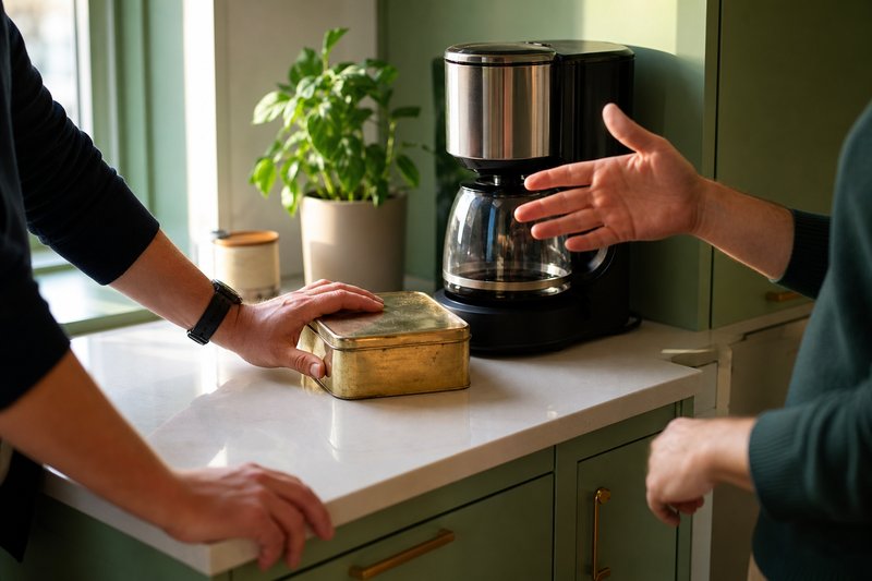 Zwei Personen stehen an der Anrichte einer Büroküche, eine Hand liegt auf einer kleinen Blechdose neben der Kaffeemaschine