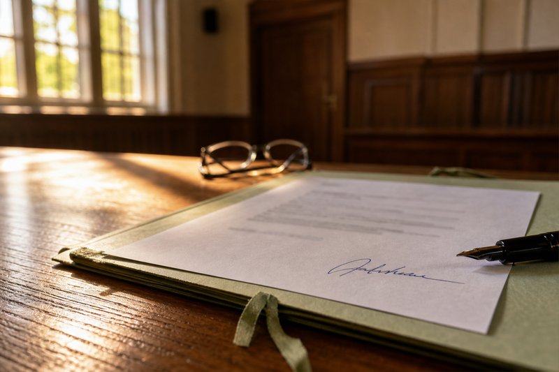 Unterschriebenes Schriftstück auf einem hellgrünen Aktendeckel mit Bindebändern, daneben ein Füllfederhalter und eine Lesebrille auf einem Holzschreibtisch