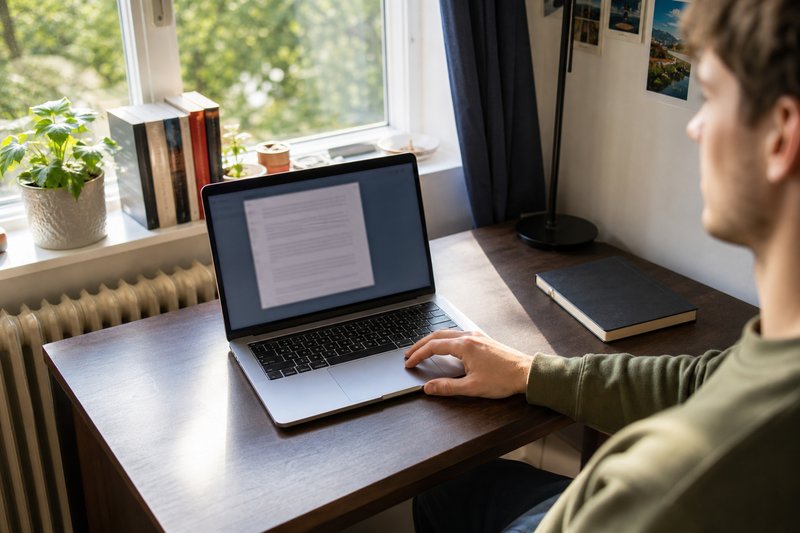 Junger Mann sitzt an einem Schreibtisch am Fenster vor einem geöffneten Laptop, seine Hand liegt ruhig auf dem Trackpad