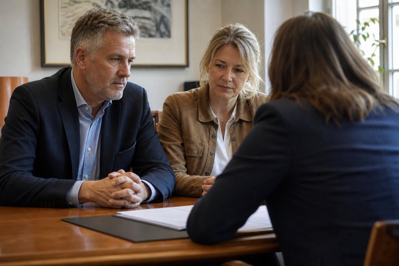 Ehepaar sitzt beim Notar am Tisch, vor ihnen liegt eine Urkunde