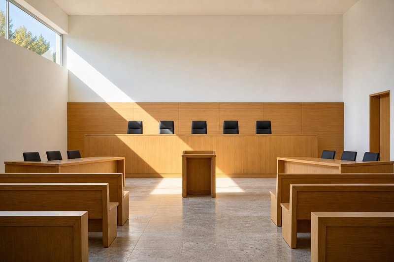 Leerer moderner Gerichtssaal mit hoher Richterbank aus hellem Holz, Rednerpult und leeren Zuschauerbänken