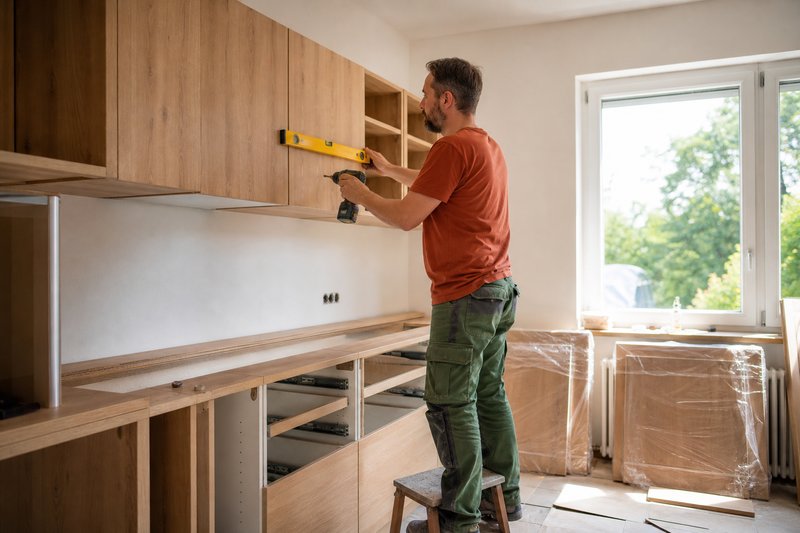 Küchenmonteur richtet mit der Wasserwaage einen Hängeschrank in einer neuen Einbauküche aus