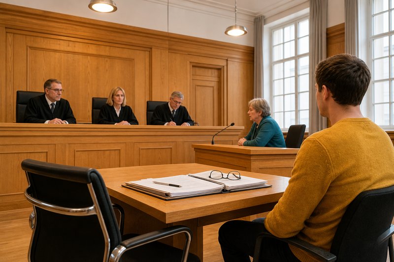 Leerer Stuhl am Verteidigertisch mit liegengelassener Akte und Brille, daneben der Angeklagte, im Hintergrund sagt eine Zeugin vor der Strafkammer aus