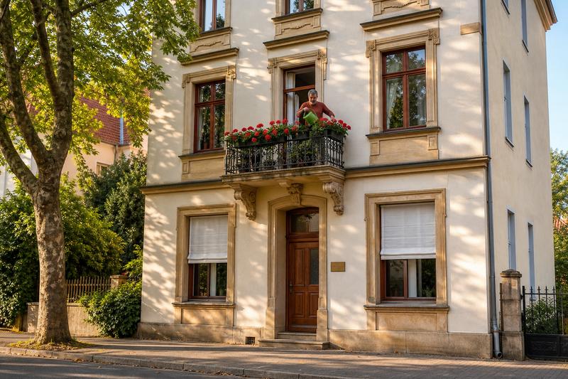 Altbau-Wohnhaus mit kleinem Praxisschild neben der Haustür, darüber eine bewohnte Wohnung, ein Mann gießt Geranien auf dem Balkon
