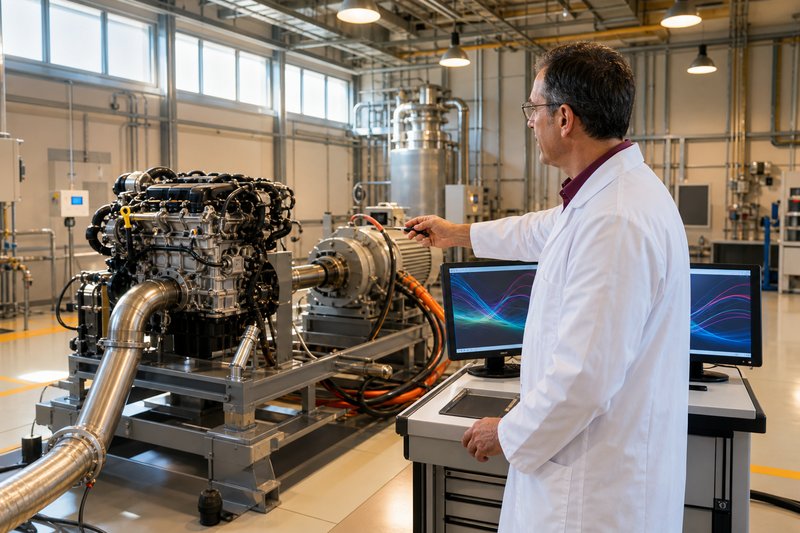 Ingenieur im weißen Arbeitskittel steht am Messplatz vor einem Dieselmotor auf dem Motorenprüfstand einer Entwicklungshalle