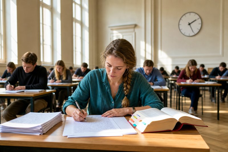 Examenskandidatin schreibt in einem großen Prüfungssaal eine Klausur von Hand, daneben ein aufgeschlagener roter Gesetzestext, an der Wand eine Uhr