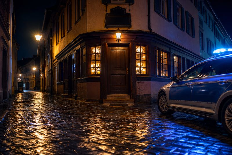 Streifenwagen mit Blaulicht nachts vor einer Kneipe in einer Altstadtgasse, das Licht spiegelt sich im nassen Kopfsteinpflaster