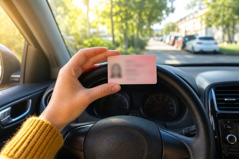 Hand hält eine rosa Führerscheinkarte über das Lenkrad eines geparkten Autos, Blick auf eine sonnige Wohnstraße