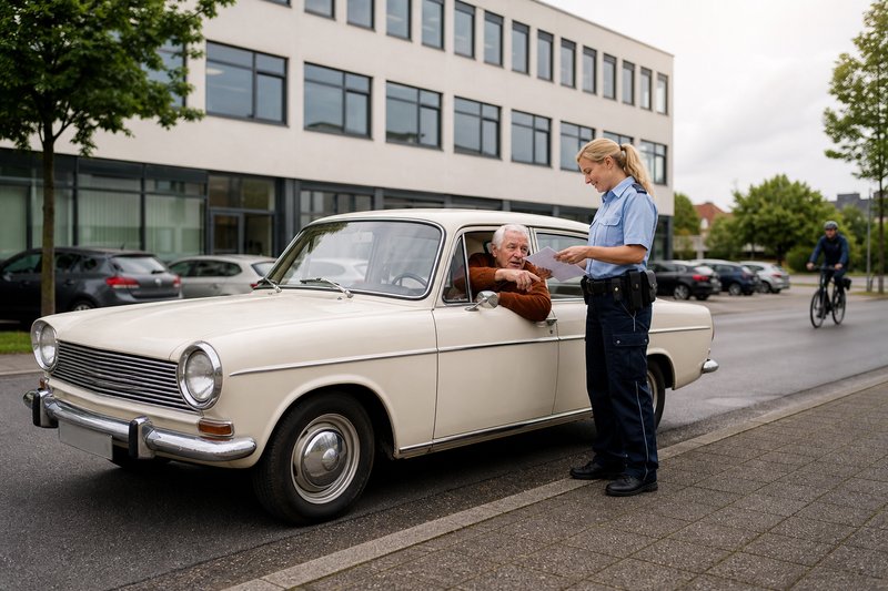 Polizistin prüft am Straßenrand vor einem Bürogebäude die Fahrzeugpapiere eines älteren Fahrers in einem cremefarbenen Oldtimer