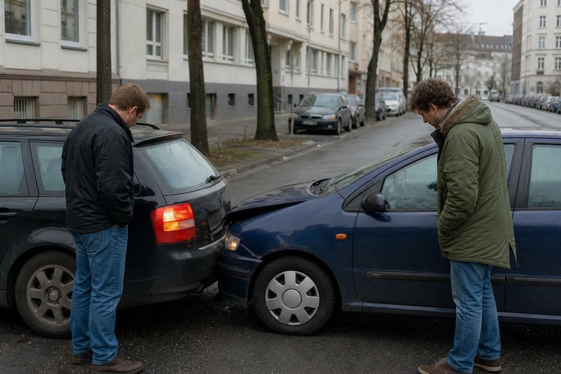 Zwei Fahrer stehen nach einem Auffahrunfall auf einer Stadtstraße neben den beiden beschädigten Autos
