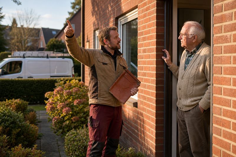 Ein Dachdecker mit Dachziegel in der Hand zeigt an der Haustür eines älteren Mannes hinauf zum Dach